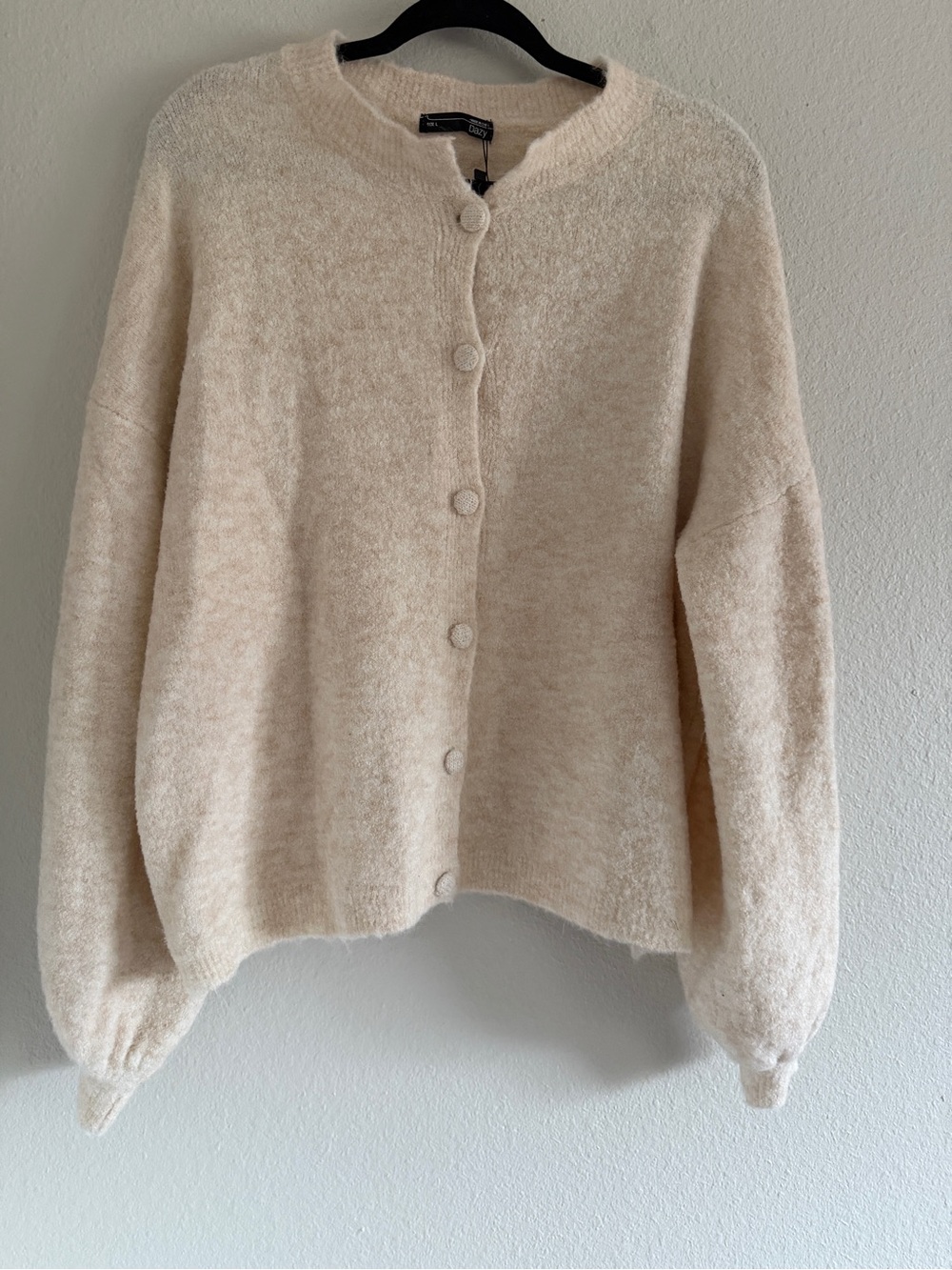 Dazy Ivory Button Front Cardigan Sweater Crew Neck Balloon Sleeve
